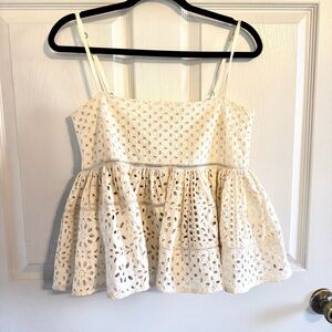RHODE White Eyelet Babydoll Top Medium Cotton Tiered Ruffle Tank Boho Summer